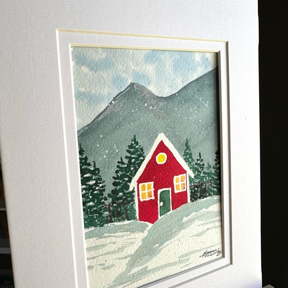 🎉SALE! Hand-Made New Watercolor Art Cozy Red Hut in the Mountains - Picture 4 of 8